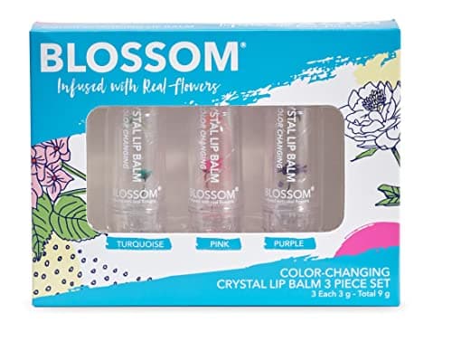 Blossom Custom Color Changing Lip Balm, Mini Coconut Lip Gloss, Infused with Flowers, 2 pk — Turquoise/Pink/Purple