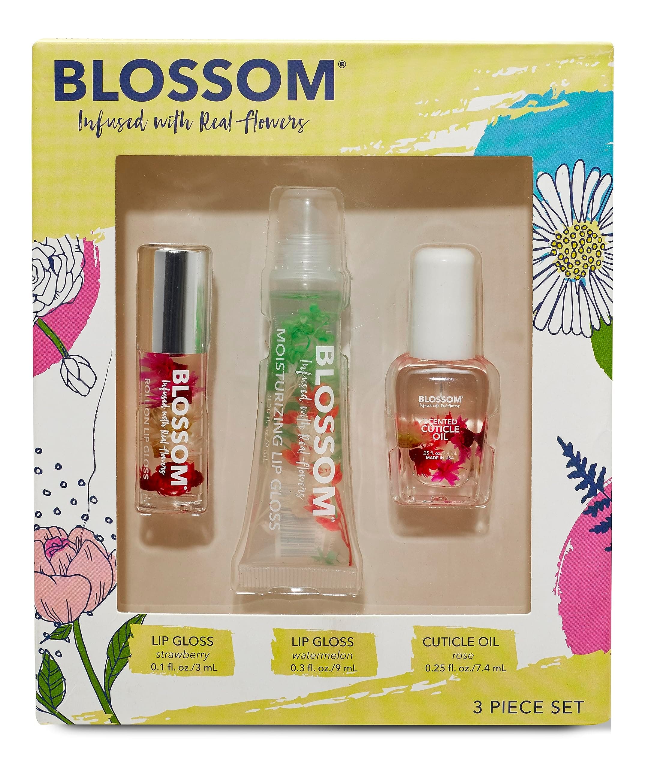 Blossom Scented Roll on Lip Gloss, Moisturizing Lip Gloss Tubes, Floral Scented Cuticle Oil, 3 Pack Gift Set